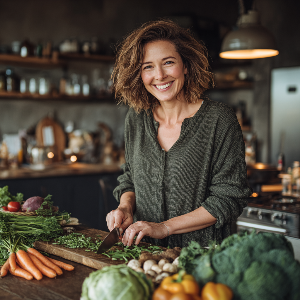Confident woman in her forties preparing healthy vegetables and fruits in a bright modern kitchen, smiling while chopping fresh produce for meal planning