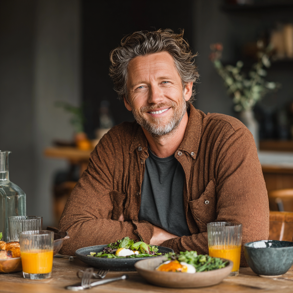 Mature man in his early fifties sitting at a dining table with a balanced healthy meal, looking satisfied and energetic after following a nutrition plan